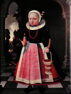 Portrait of a girl with a doll and a basket