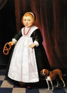 Portrait of a Girl with a Pretzel and a Dog on a Leash