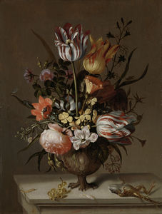 Still life with flower vase and dead frog