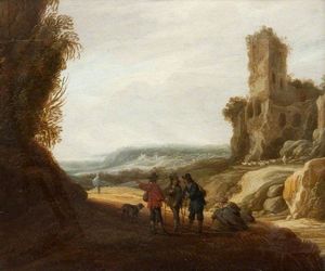 Landschaft mit Figuren und einer Burgruine