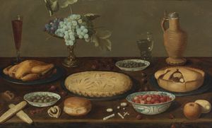 Still Life with Meat Pies, a Roast Fowl, Olives, Capers and Strawberries