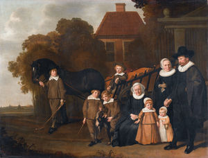 Portrait of the Meebeeck Cruywagen family near the gate of their country home on the Uitweg near Amsterdam.