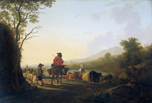 Landscape with cattle driver and shepherd.
