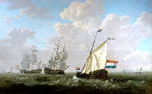 The yacht of the Chamber of Rotterdam for the Dutch East India Company salutes an East-Indiaman and a Dutch man-of-war on the roadstead of Hellevoetsluis.
