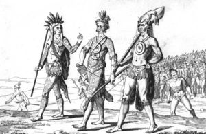 Timucua warriors with weapons and tattoo regalia