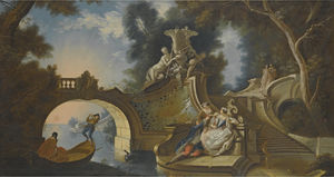 An outdoor scene with elegant figures reclining on riverside steps beside a bridge