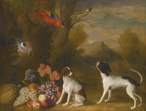 Paysage avec des oiseaux exotiques et deux chiens