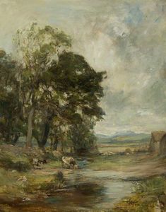Landschaft mit Bäumen und Vieh