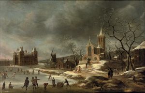 A winter landscape with activities on the ice near Castle Buren, in Gelderland.