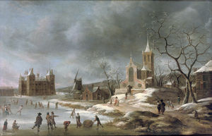 A paesaggio invernale con attività sul ghiaccio vicino al castello di buren