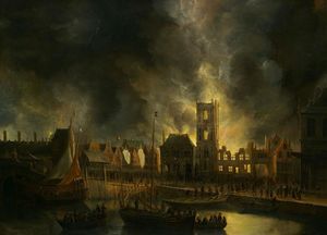 El antiguo ayuntamiento de Amsterdam en el fuego