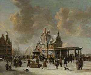 Le Paalhuis e la Nieuwe Brug ad Amsterdam durante il periodo invernale