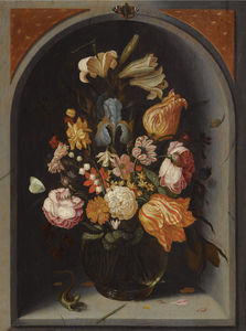 A still life of tulips, lilies, moss roses