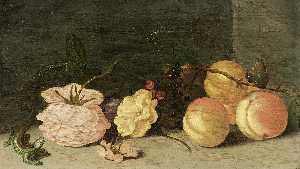 A still life with peaches, roses, red and black berries
