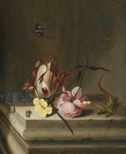 Still life with a parrot tulip, a pink rose, a mouse