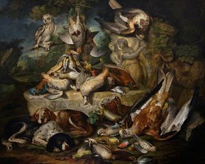 Perros de caza y una lechuza con dead Y las aves Esculturas en un paisaje