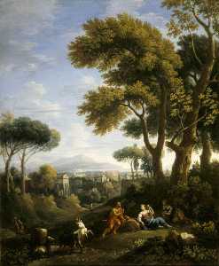 A Classical Landscape with a Traveller and Two Women Conversing and Three Goats Gambolling