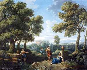A Classical Landscape, with Figures Conversing by a Fountain