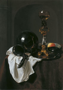 Still life with wine glass, pewter jug and other objects