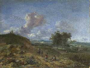 un paisaje con un alta duna y campesinos en un Camino