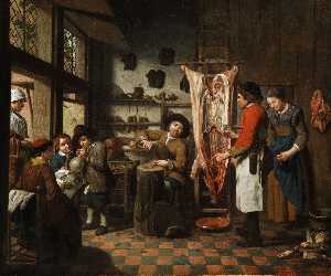 Interior del taller con un zapatero , un carnicero , un lacemaker y una niño que infla un Saublase