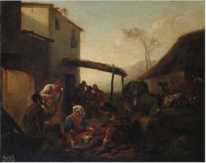 Los campesinos italianos fuera de una taberna
