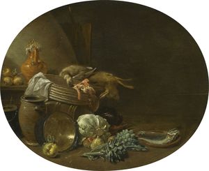 A kitchen still life of a hare