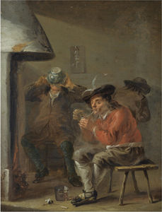 An interior with peasants smoking and drinking beside a fireplace