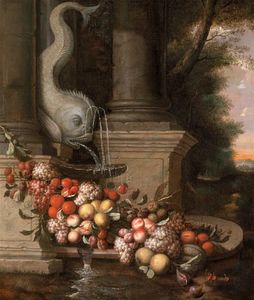 Still Life with Fruit by a Fountain in a Landscape