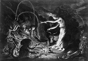 A witch at her cauldron surrounded by beasts