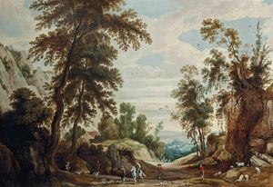 Un paesaggio boscoso con una figura a cavallo e pastori con il loro gregge su un percorso, un bayond castello