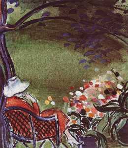 mujer sentada cómo  el  jardín