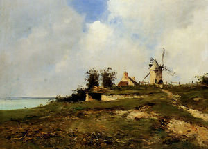 Ein küsten  Landschaft ein  mit  windmühle
