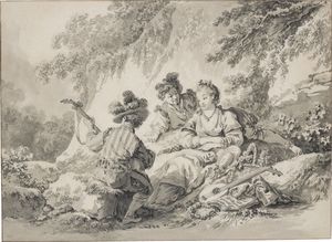 Two men and a lady making music in a bucolic setting