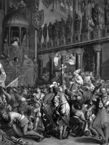 Doge Enrico Dandolo ei capitani della Crociata parolacce loro giuramento nella Basilica di San Marco a Venice.2