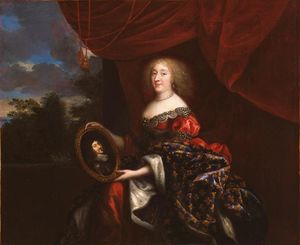Anne Marie Louise d'Orléans holding a portrait of her father the late Duke of Orléans