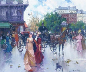 Elegant figures before a carriage in a Parisienne square