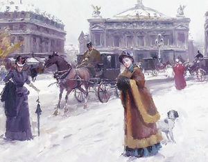 Figures in the snow before the Opera House, Paris