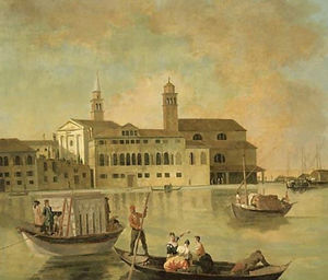 Venezia, una visione di San Biagio e la chiesa di San Biagio e Cataldo alla Giudecca con figure eleganti, in un burchiello