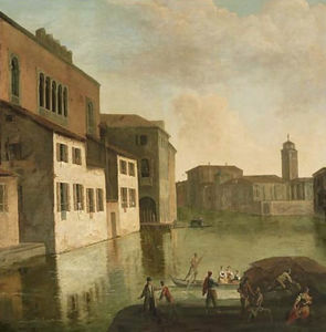Venecia, una vista de la Fondaco dei Turchi, el canal del Canareggio con la iglesia y el campanario de San Geremia en la distancia