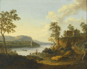 A river landscape with farm workers and animals below a farm, a distant town beyond