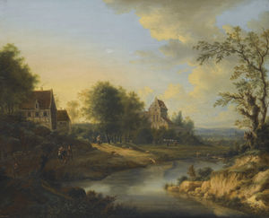 A river landscape with figures on the bank and sheep grazing; a river landscape with fishermen dredging a weir