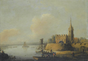 A river landscape with fisherman loading boats, a church to the right
