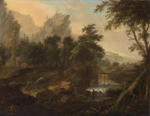 A wooded landscape with an angler by a waterfall, a church and deer in the background