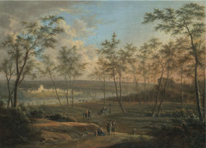 A wooded river landscape with travellers on a path, an abbey beyond