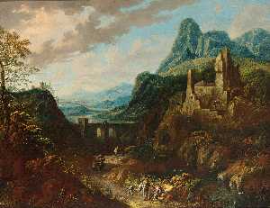 An italianate river landscape with travellers and a bridge beyond
