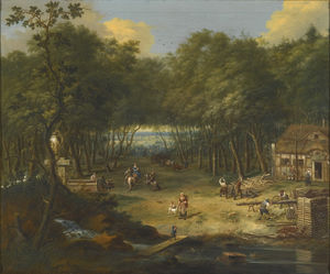 Forest clearing with a sawmill and figures by a fountain