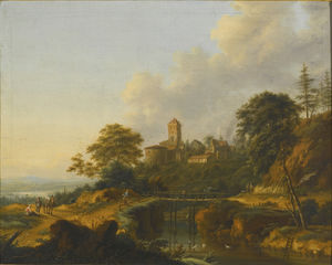 River landscape with travellers crossing a bridge, a town beyond