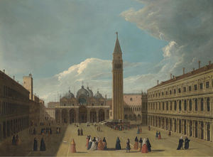 Venedig, ein Blick auf die Piazza San Marco, mit Figuren versammelten sich um einen Künstler Malerei ein Porträt auf einer Bühne