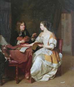 An elegant couple making music in an interior